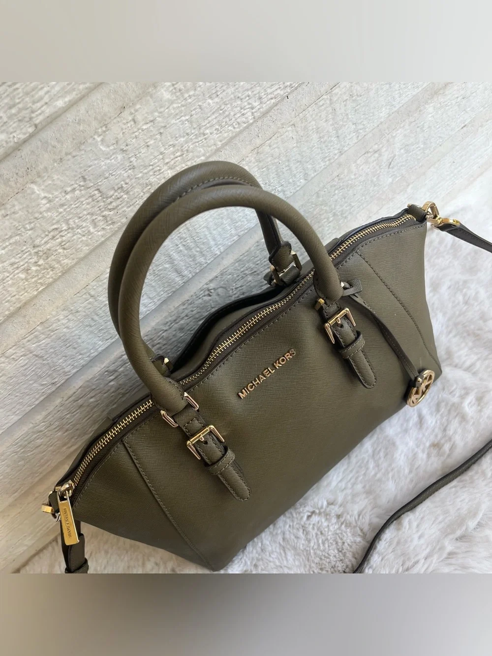 MICHAEL KORS Olive Army Green Ciara Selma Fulton Bedford Satchel Tote Handbag